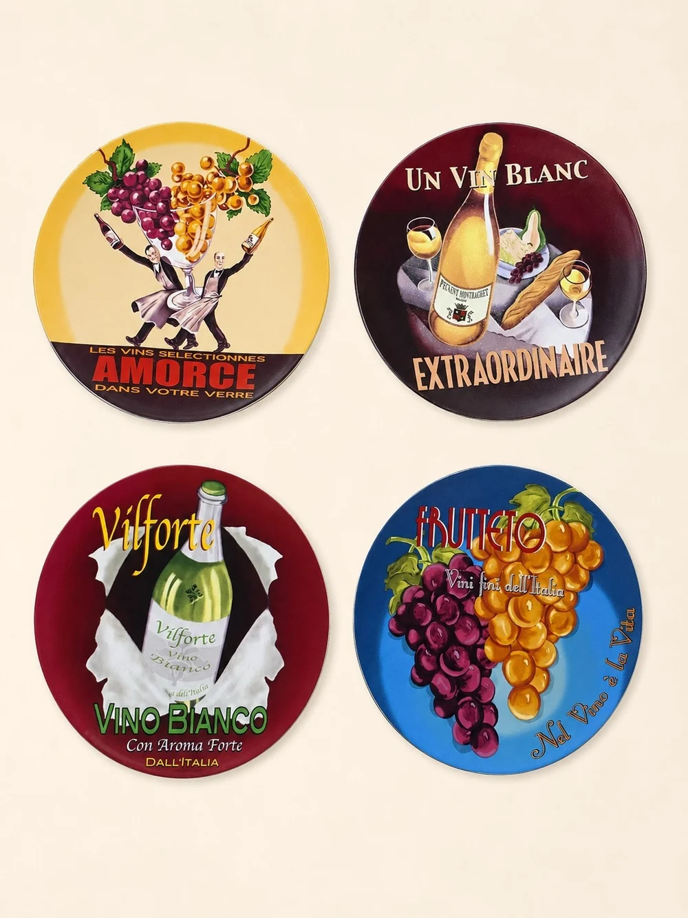 Vintage Pottery Barn Wine Bar Appetizer Plates, Set of 4 French & Italian Wine